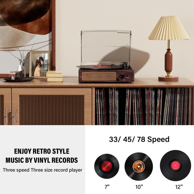 cotsoco Vinyl Record Player Turntable with Built-in Bluetooth Receiver & 2 Stereo Speakers, 3 Speed 3 Size Portable Retro Record Player for Entertainment and Home Decoration - Image 4